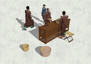中国古代老街商铺人物素材SU(草图大师)模型