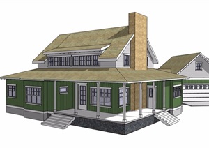 美式风格详细经典的独栋住宅别墅设计SU(草图大师)模型