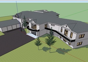 美式风格详细经典的两层住宅别墅SU(草图大师)模型