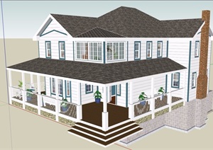美式风格详细经典的多层别墅设计SU(草图大师)模型