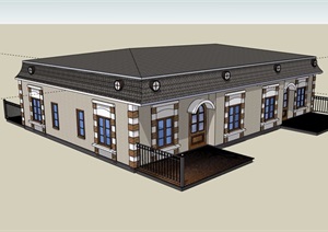 美式风格民居单层住宅详细建筑SU(草图大师)模型