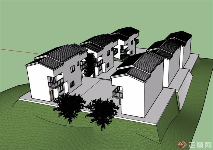 中式风格多层民居住宅建筑su模型