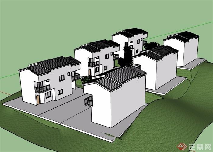 中式风格多层民居住宅建筑su模型