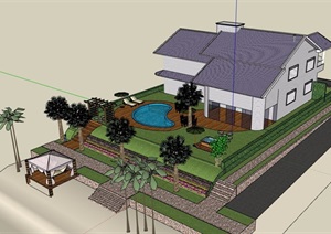 美式详细经典的住宅别墅设计SU(草图大师)模型