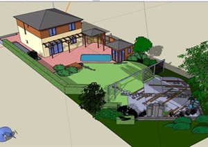 欧式两层民居住宅楼设计SU(草图大师)模型及庭院景观