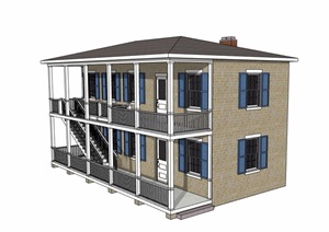 美式风格详细两层住宅建筑SU(草图大师)模型