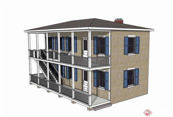 美式风格详细两层住宅建筑su模型