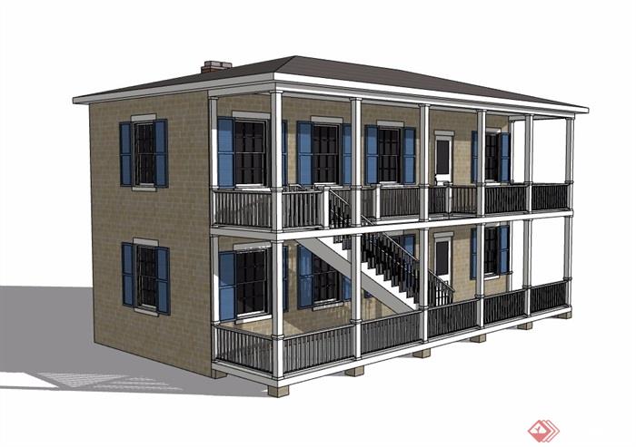 美式风格详细两层住宅建筑su模型