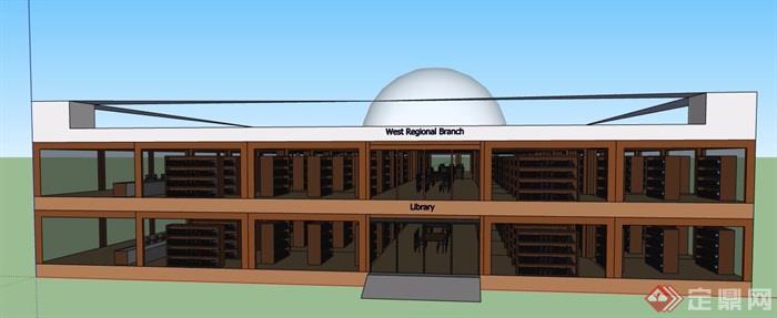 中式图书馆建筑及室内设计su模型