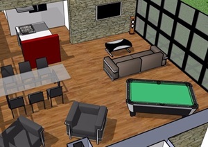 现代四室一厅室内装修设计SU(草图大师)模型