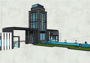 欧式风格简约住宅区大门设计SU(草图大师)模型  2