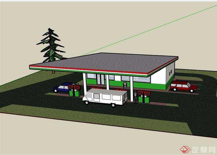 单层路边加油站建筑设计su模型