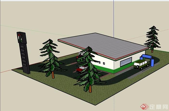 单层路边加油站建筑设计su模型