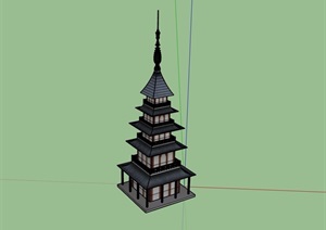 中式详细的塔楼素材设计SU(草图大师)模型