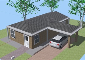 美式风格单层住宅别墅建筑设计SU(草图大师)模型