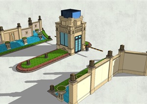 某欧式风格住宅区大门（带景观）设计SU(草图大师)模型