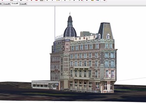 美式风格多层详细的酒店建筑SU(草图大师)模型