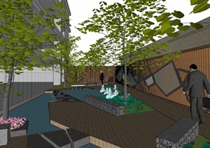 日式禅意木格栅景墙庭院水景景观设计