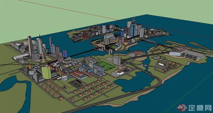 滨海详细的城镇综合建筑楼群设计su模型
