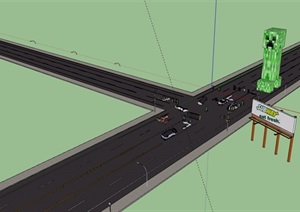 T字路道路设计SU(草图大师)模型