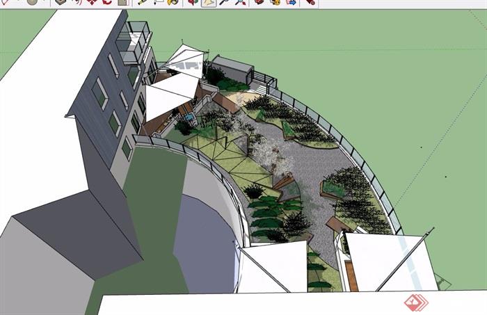 现代详细屋顶花园景观设计su模型