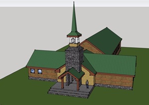 英式风格详细的教堂建筑SU(草图大师)模型