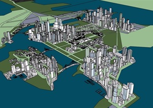 现代详细滨水综合城市建筑SU(草图大师)模型