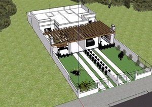现代单层详细的私人住宅别墅设计SU(草图大师)模型