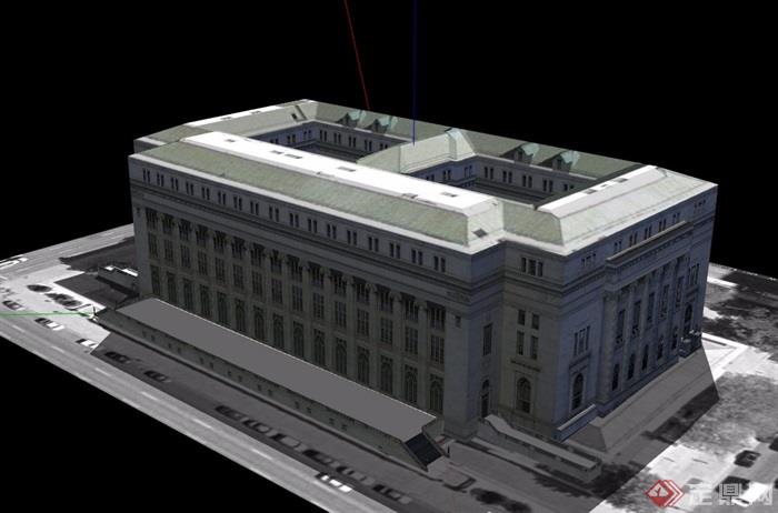 美式风格详细的政府办公多层建筑su模型