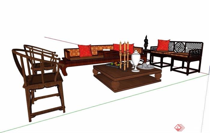 中式风格罗汉床沙发茶几设计su模型