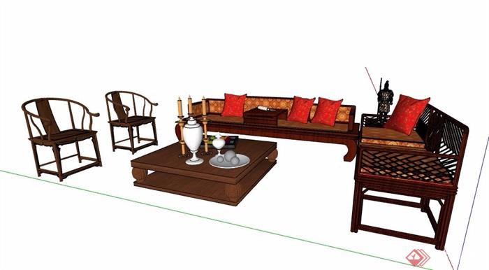 中式风格罗汉床沙发茶几设计su模型