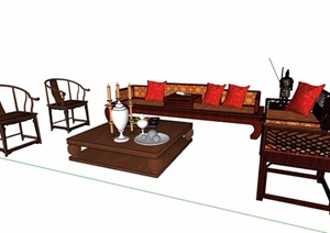 中式风格罗汉床沙发茶几设计SU(草图大师)模型