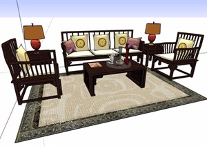 中式风格精品沙发茶几组合SU(草图大师)模型