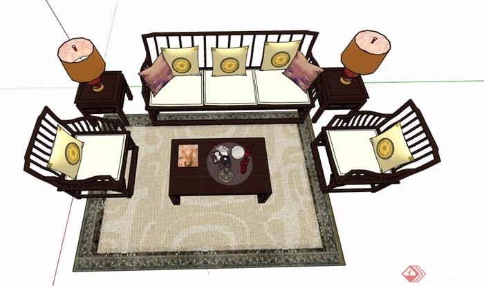 中式风格精品沙发茶几组合su模型