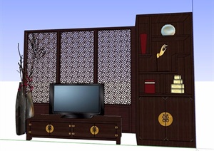 中式风格电视柜及电视墙组合SU(草图大师)模型