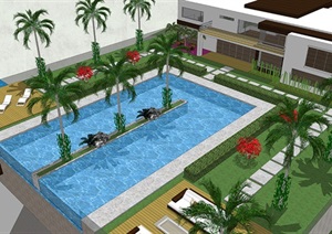 现代别墅庭院带泳池SU(草图大师)模型