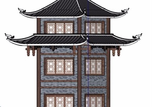 中式重檐观景塔楼设计SU(草图大师)模型
