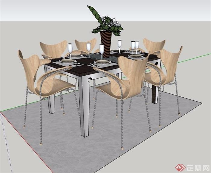 简约风六人座餐桌椅组合家具su模型