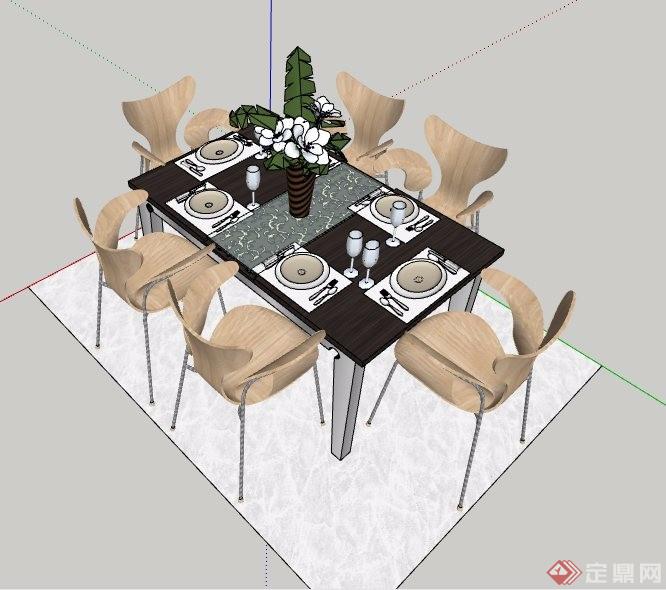 简约风六人座餐桌椅组合家具su模型