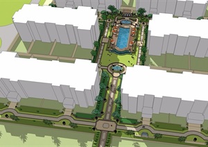 某现代风格住宅小区景观及游泳池景观SU(草图大师)模型
