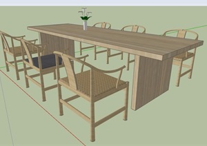 中式木制六人座桌椅组合SU(草图大师)模型