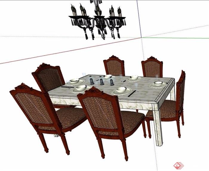美式风格餐桌椅组合及吊灯su模型
