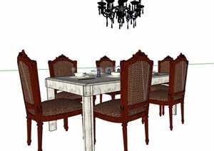 美式风格餐桌椅组合及吊灯SU(草图大师)模型