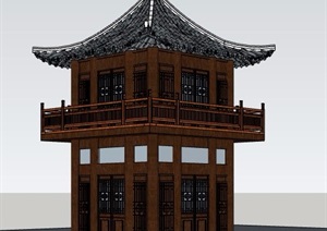 古典中式观景塔楼设计SU(草图大师)模型