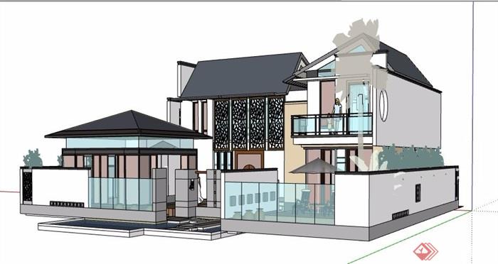 精品新中式獨棟別墅建築設計su模型