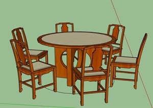 中式6人座圆形餐桌椅组合素材SU(草图大师)模型