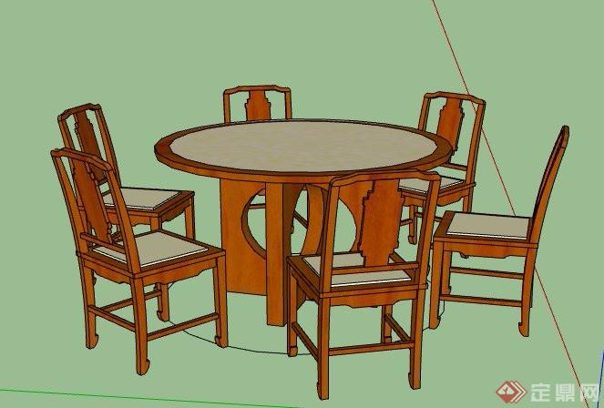 中式6人座圆形餐桌椅组合素材su模型