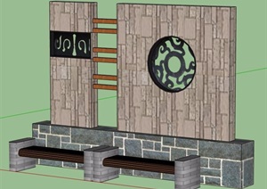 简约中式景墙及坐凳设计SU(草图大师)模型