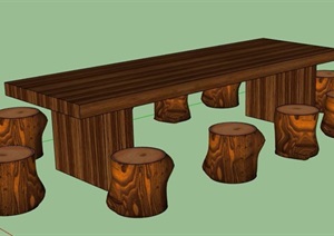 原木长桌凳组合设计SU(草图大师)模型