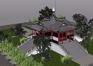 古典中式详细完整的寺庙旅游建筑SU(草图大师)模型
